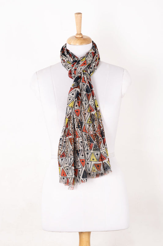 Triangle Symmetry Print Cotton Modal Scarf with Embellishment - Multicoloured-0