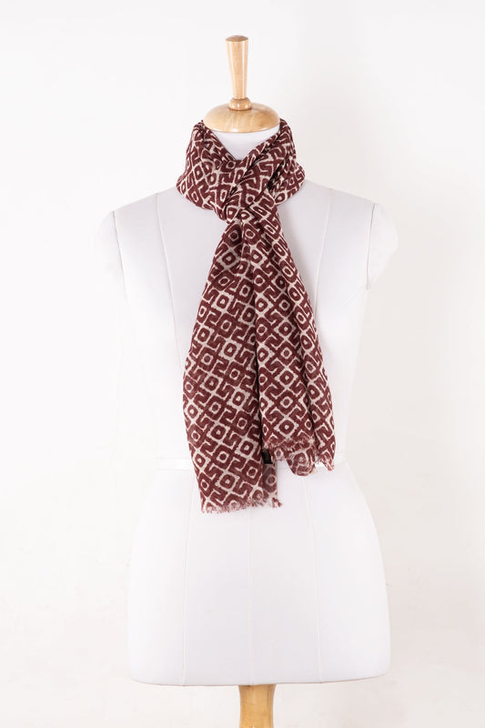 Tribal Tile Print Linen Cotton Scarf - Burgandy-0