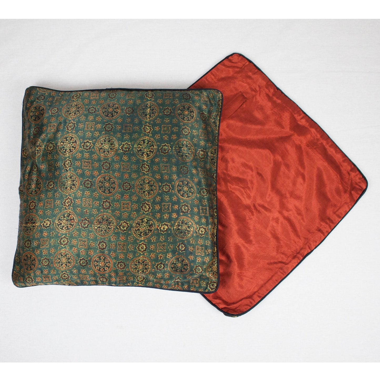 Geometric Floral Hand Block Print Mashru Silk Cushion Cover - Green Red-1