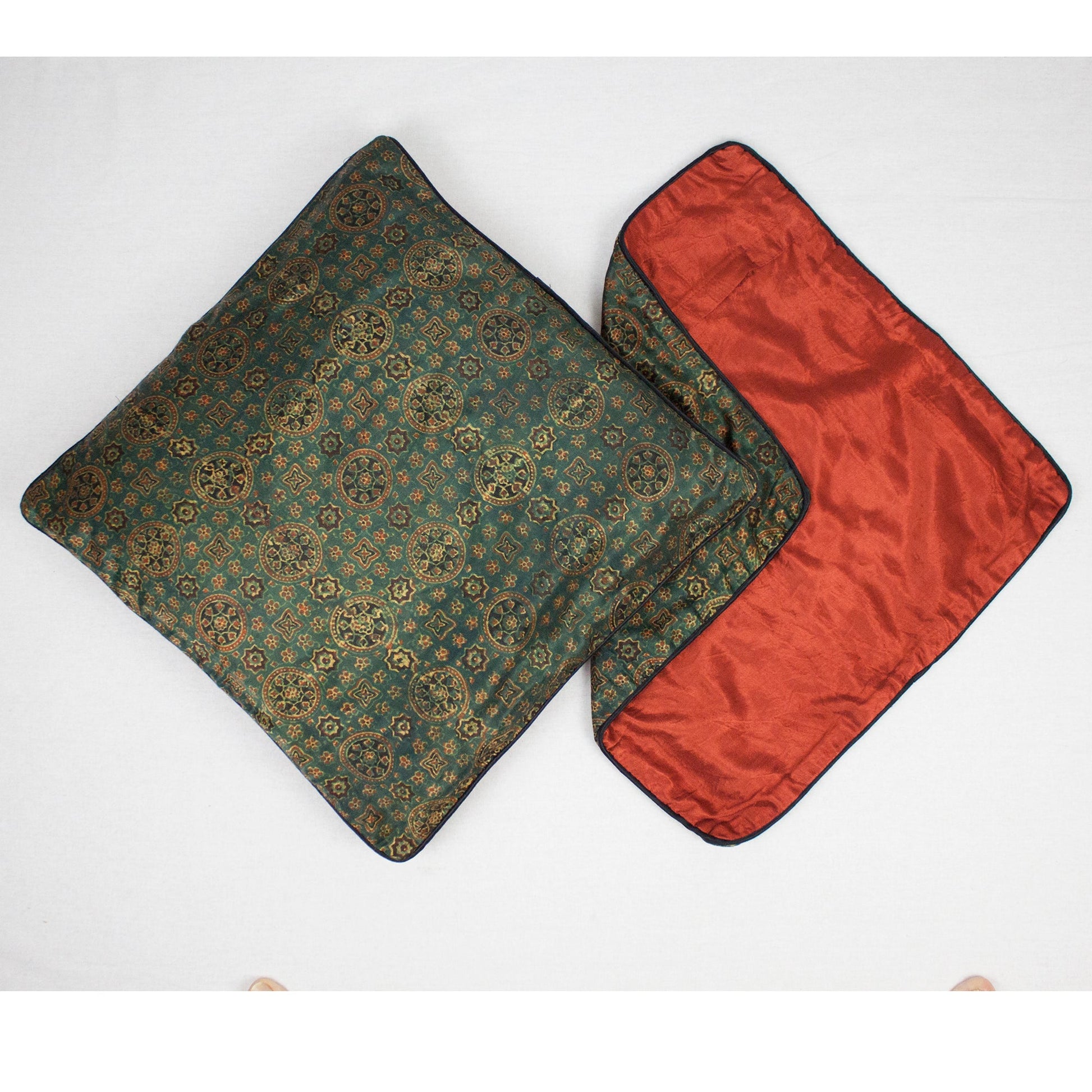 Geometric Floral Hand Block Print Mashru Silk Cushion Cover - Green Red-2