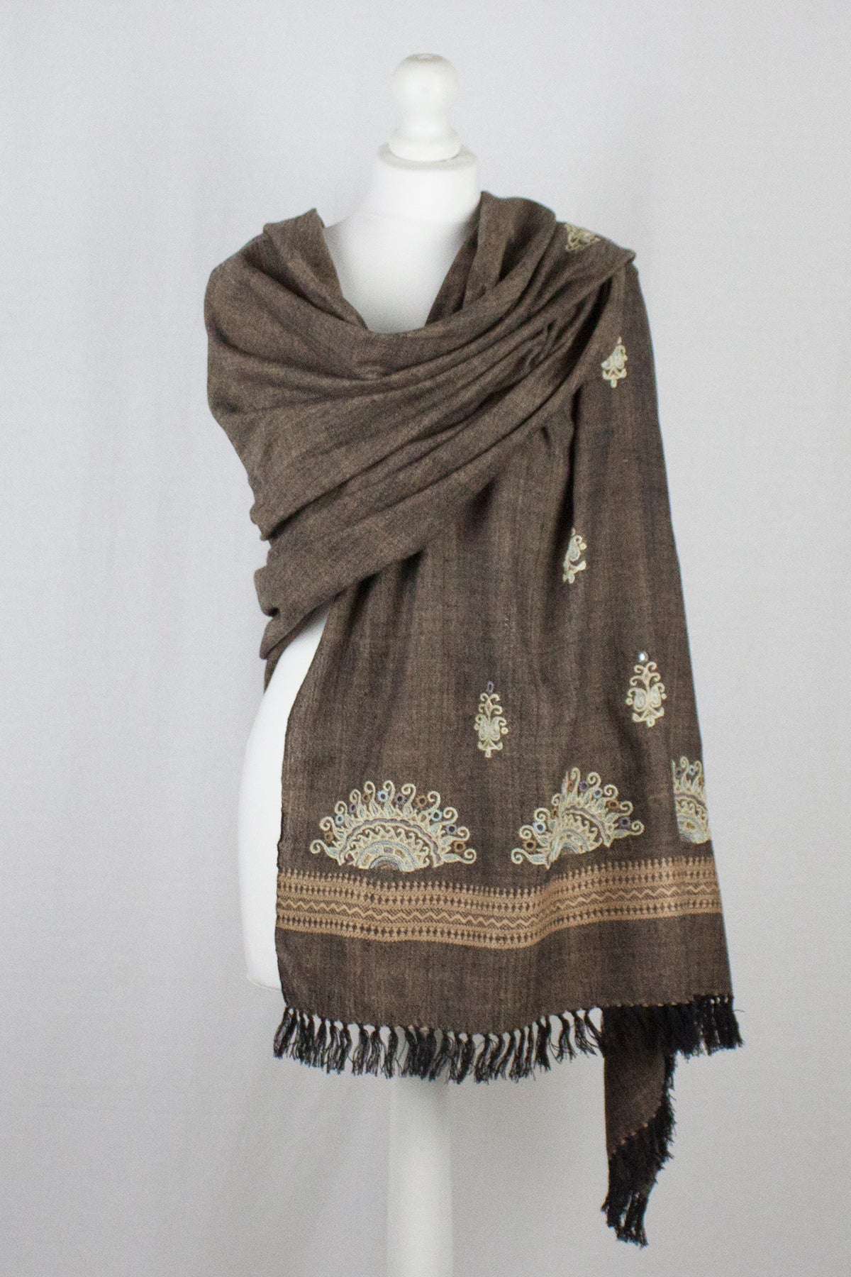 Chain Stitch Embroidered Wool Shawl - Brown Black-0