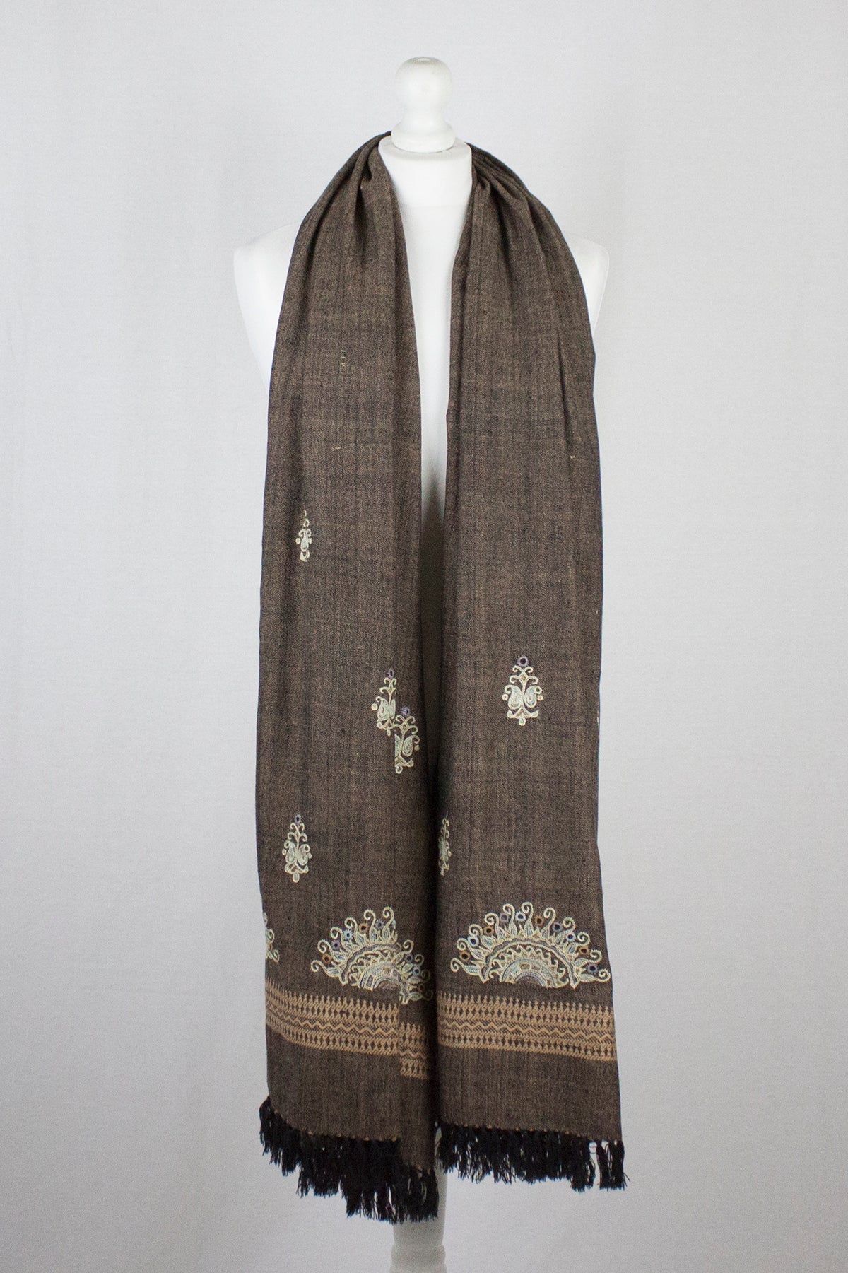 Chain Stitch Embroidered Wool Shawl - Brown Black-3