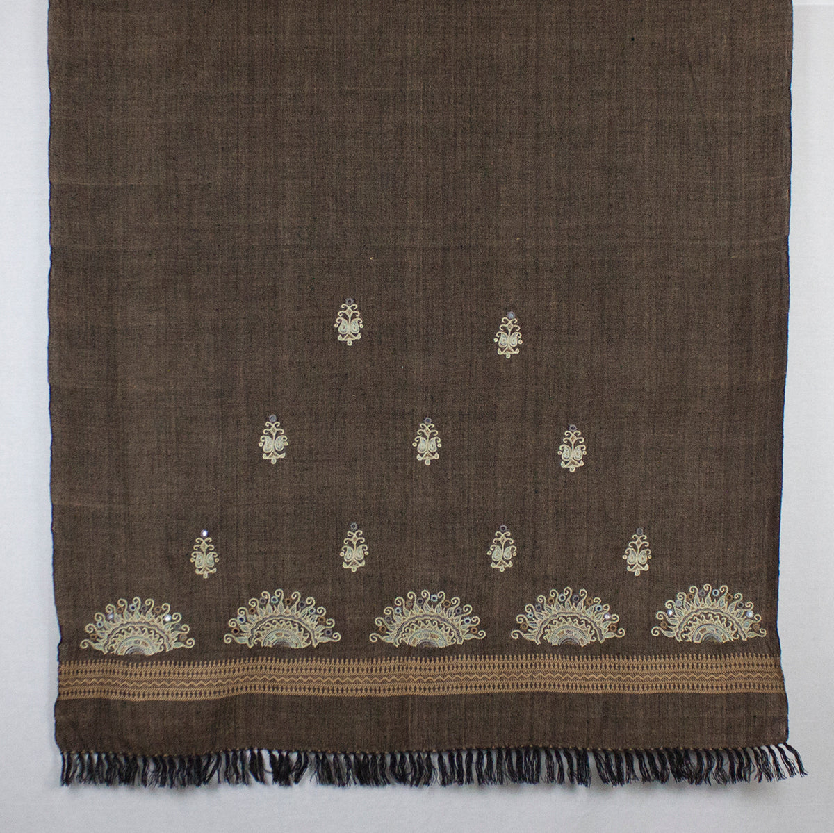 Chain Stitch Embroidered Wool Shawl - Brown Black-4