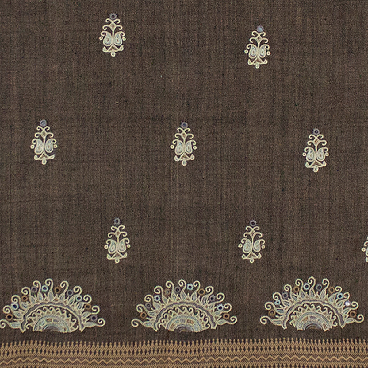 Chain Stitch Embroidered Wool Shawl - Brown Black-2