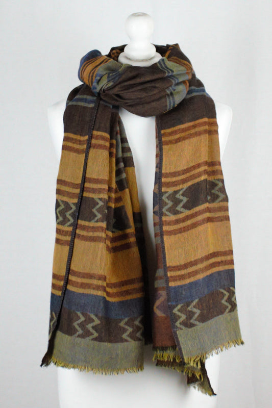 Stripes and Chevron Jacquard Merino Woolen Scarf - Brown Blue-0