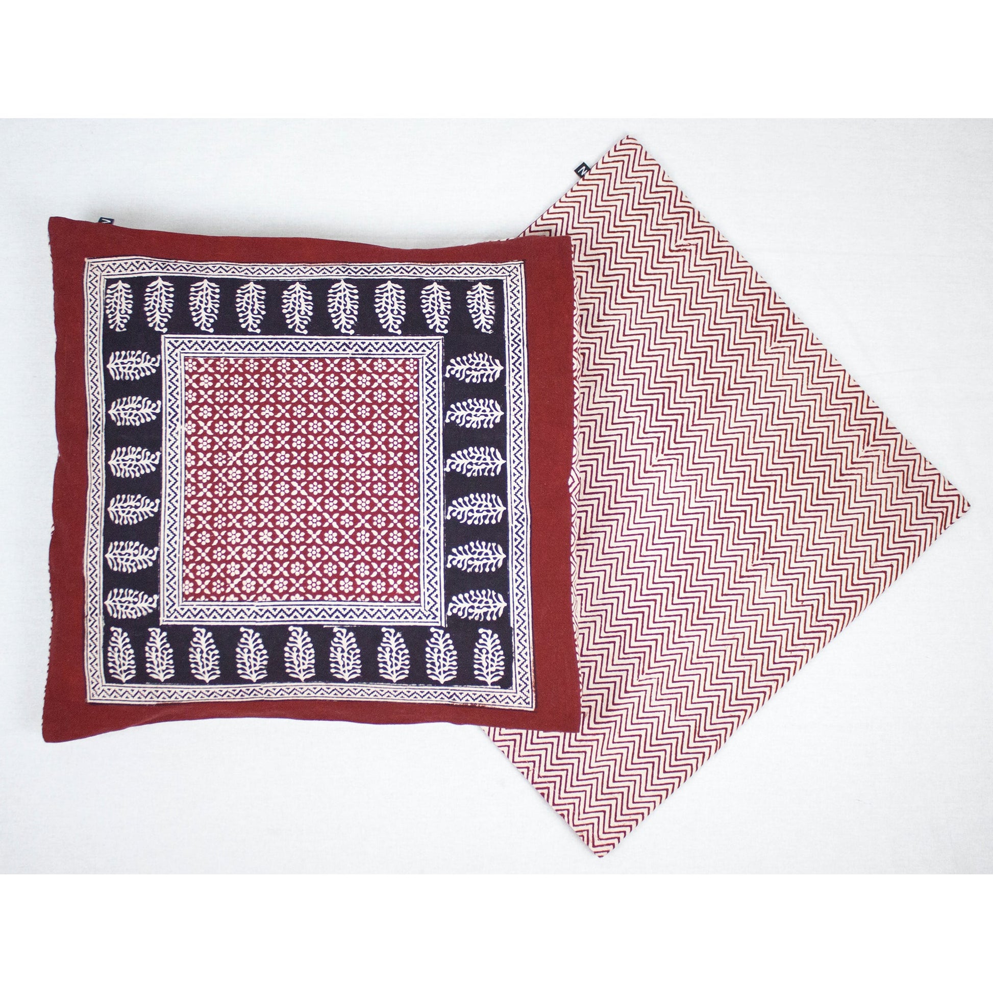 Flower Mesh Paisley & Chevron Bagh Hand Block Print Cotton Cushion Cover - Red Black-1