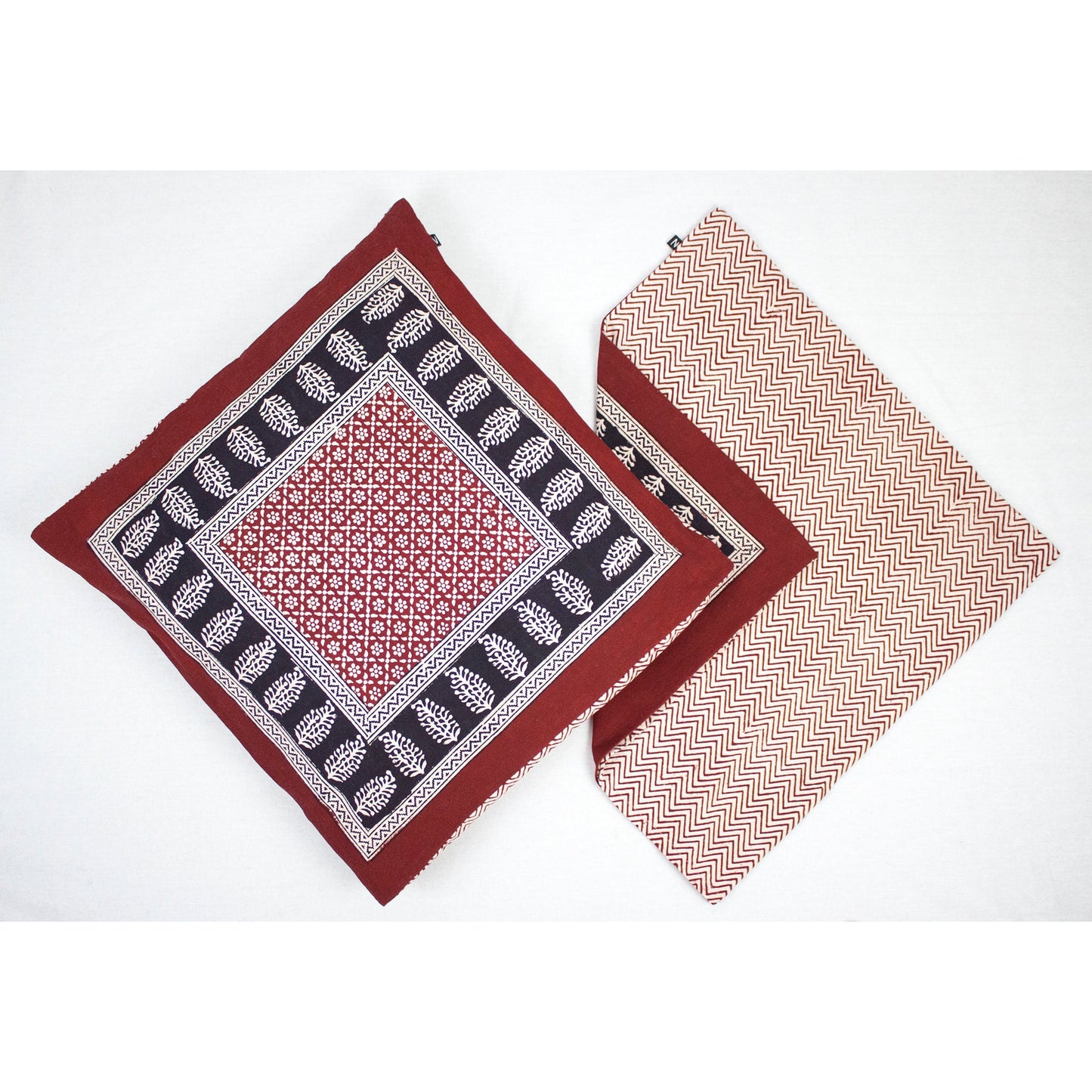Flower Mesh Paisley & Chevron Bagh Hand Block Print Cotton Cushion Cover - Red Black-2