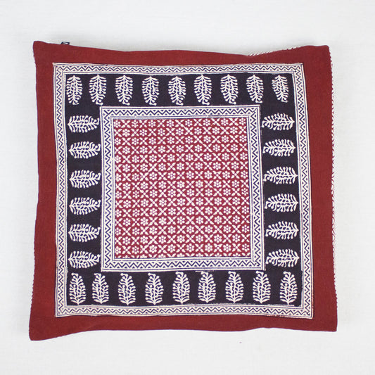 Flower Mesh Paisley & Chevron Bagh Hand Block Print Cotton Cushion Cover - Red Black-0