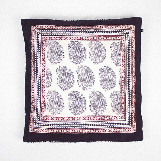 Ambi Paisley & Floral Mix Bagh Hand Block Print Cotton Cushion Cover - White Black Red-0