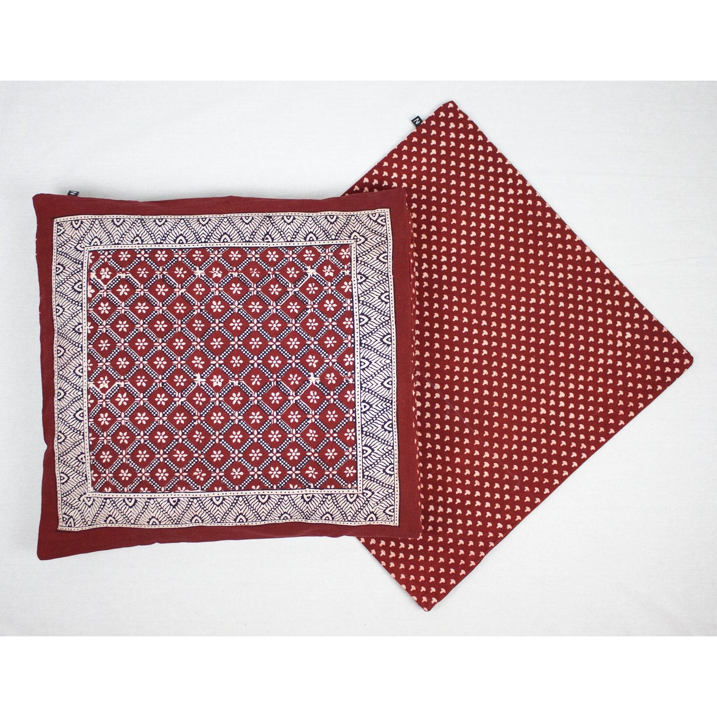 Flower Mesh & Mushroom Bagh Hand Block Print Cotton Cushion Cover - Red-1