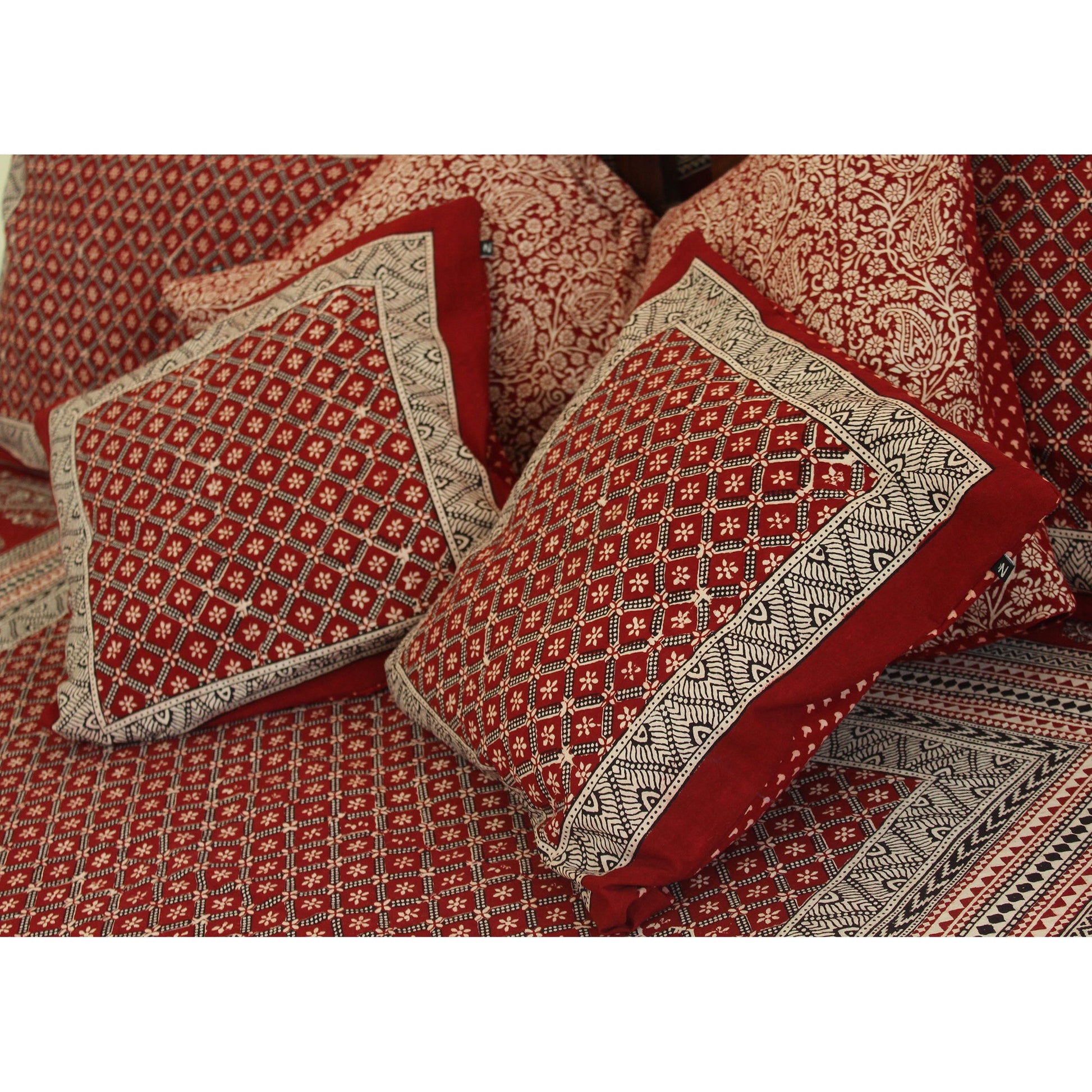 Flower Mesh & Mushroom Bagh Hand Block Print Cotton Cushion Cover - Red-3