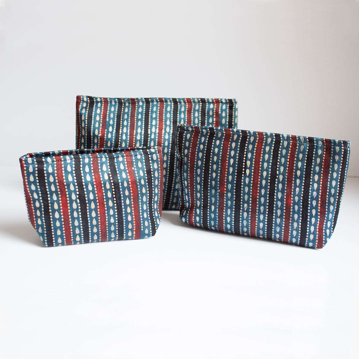 Ajrakh Hand-block Print Pouch Set of 3 - Blue Black Stripes-4