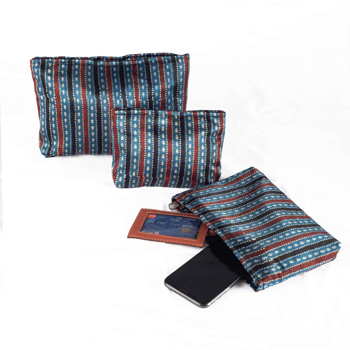 Ajrakh Hand-block Print Pouch Set of 3 - Blue Black Stripes-2