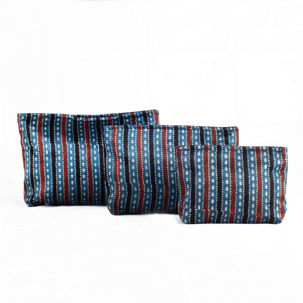 Ajrakh Hand-block Print Pouch Set of 3 - Blue Black Stripes-0