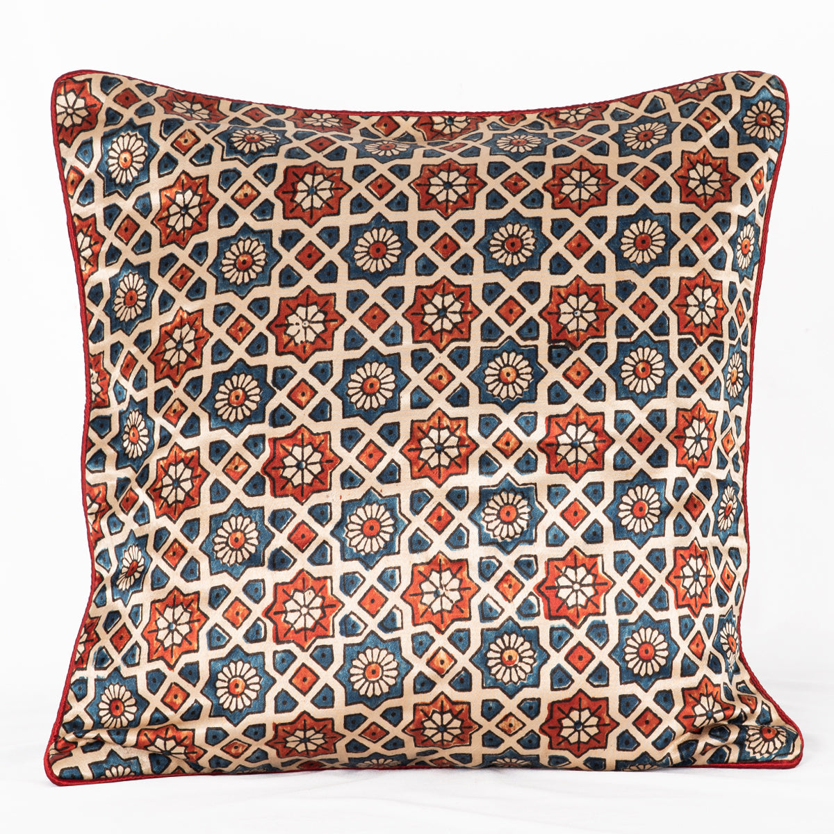 Geometric Flower Hand Block Print Mashru Silk Cushion Cover - Off-White Blue Red-0