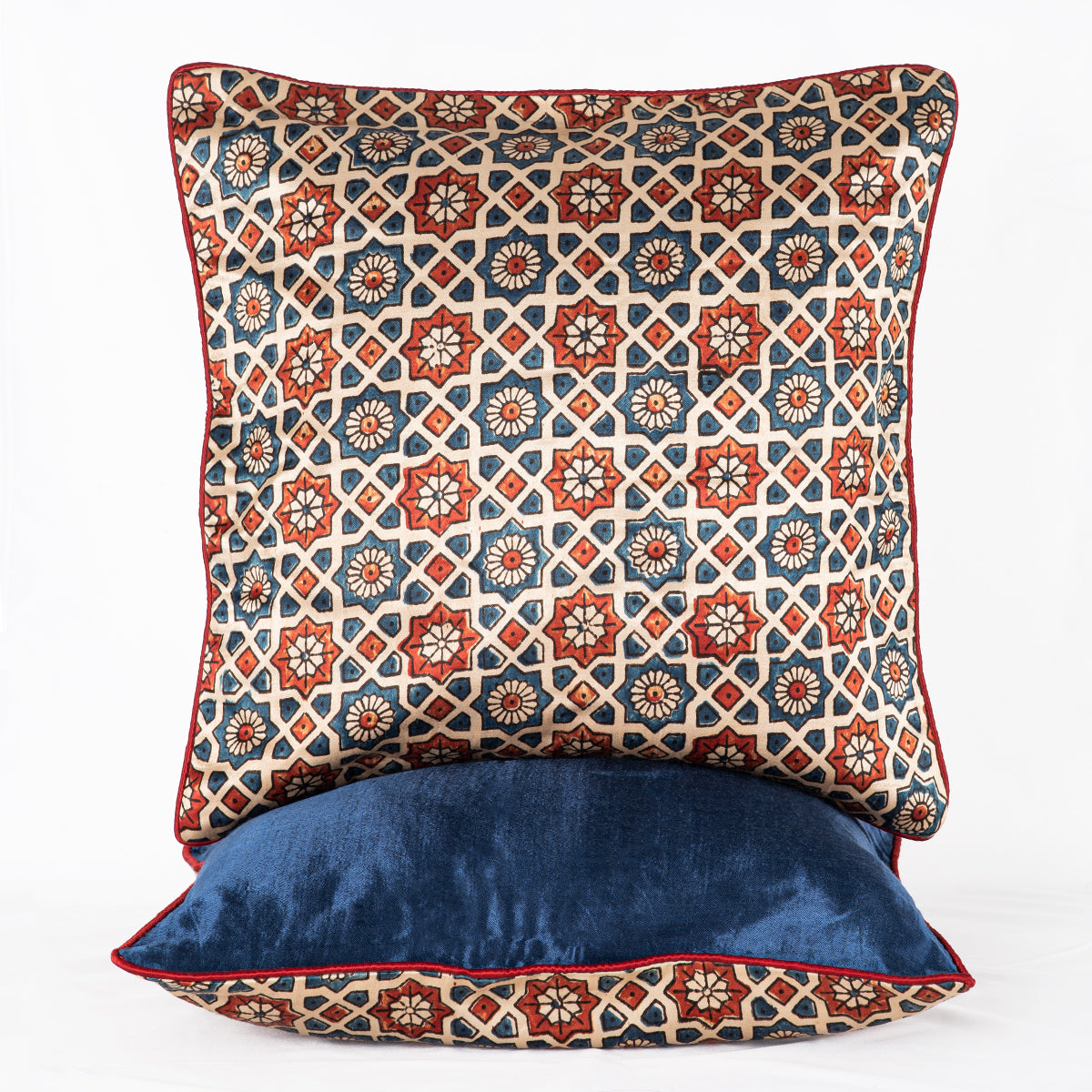 Geometric Flower Hand Block Print Mashru Silk Cushion Cover - Off-White Blue Red-1