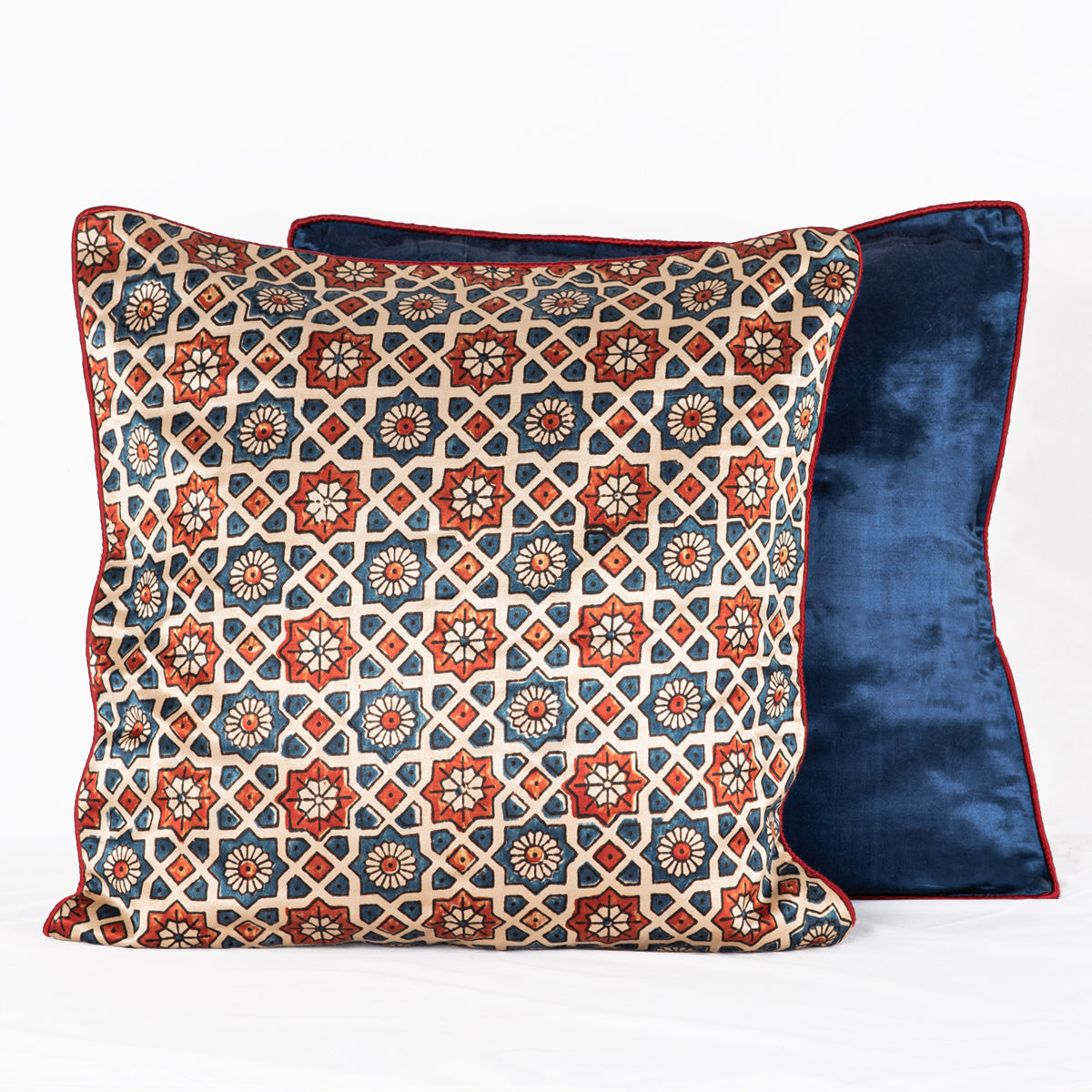Geometric Flower Hand Block Print Mashru Silk Cushion Cover - Off-White Blue Red-2