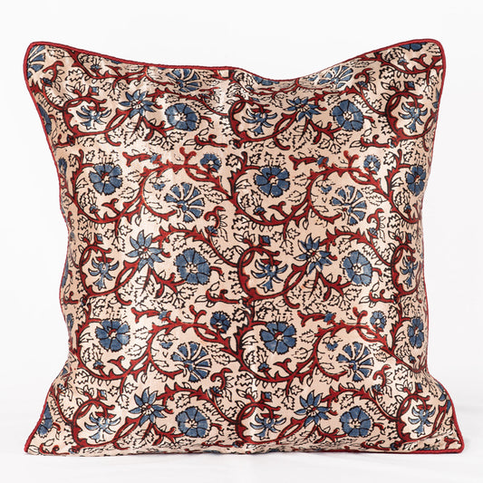 Floral Vine Hand Block Print Mashru Silk Cushion Cover - Off-white Blue Red-0