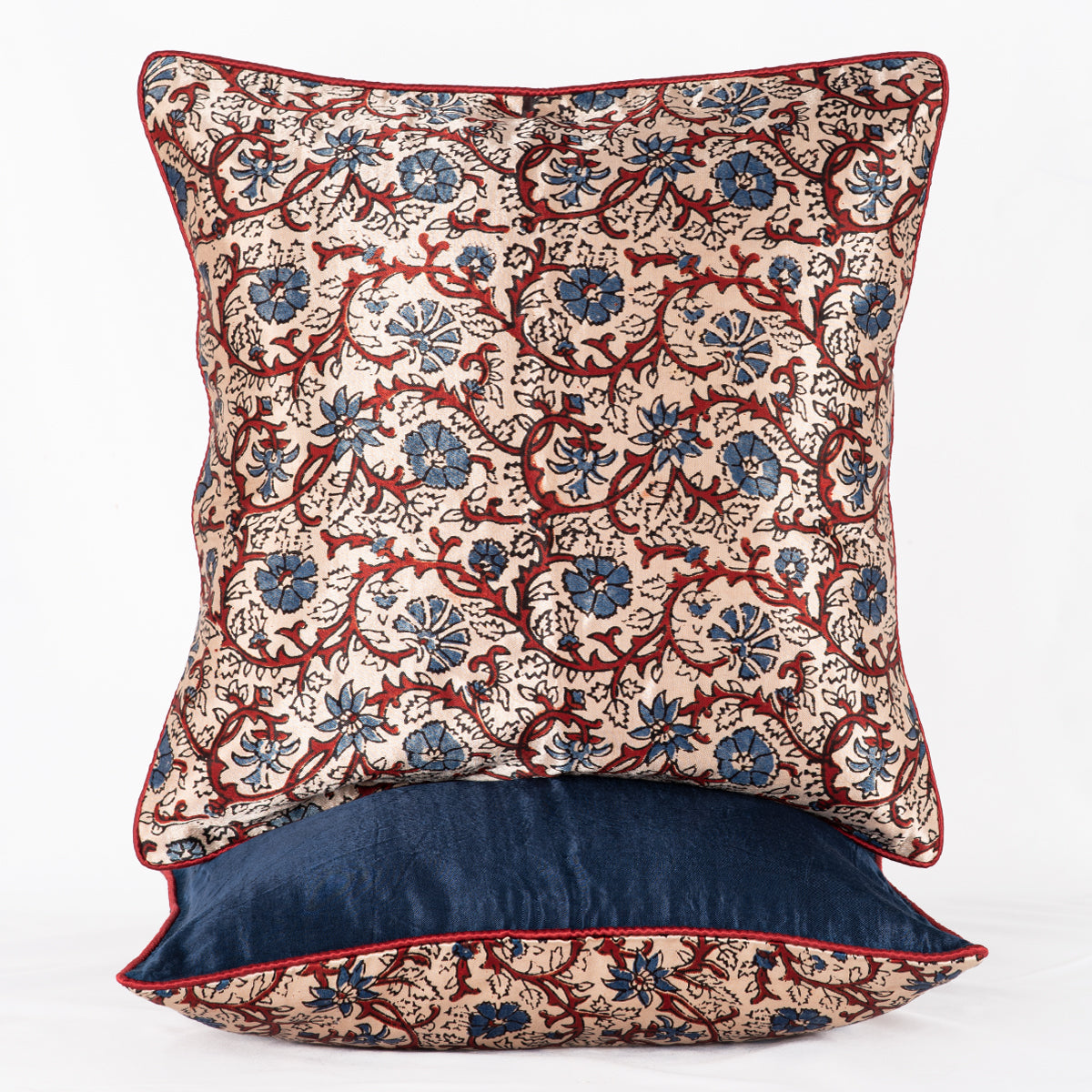 Floral Vine Hand Block Print Mashru Silk Cushion Cover - Off-white Blue Red-1
