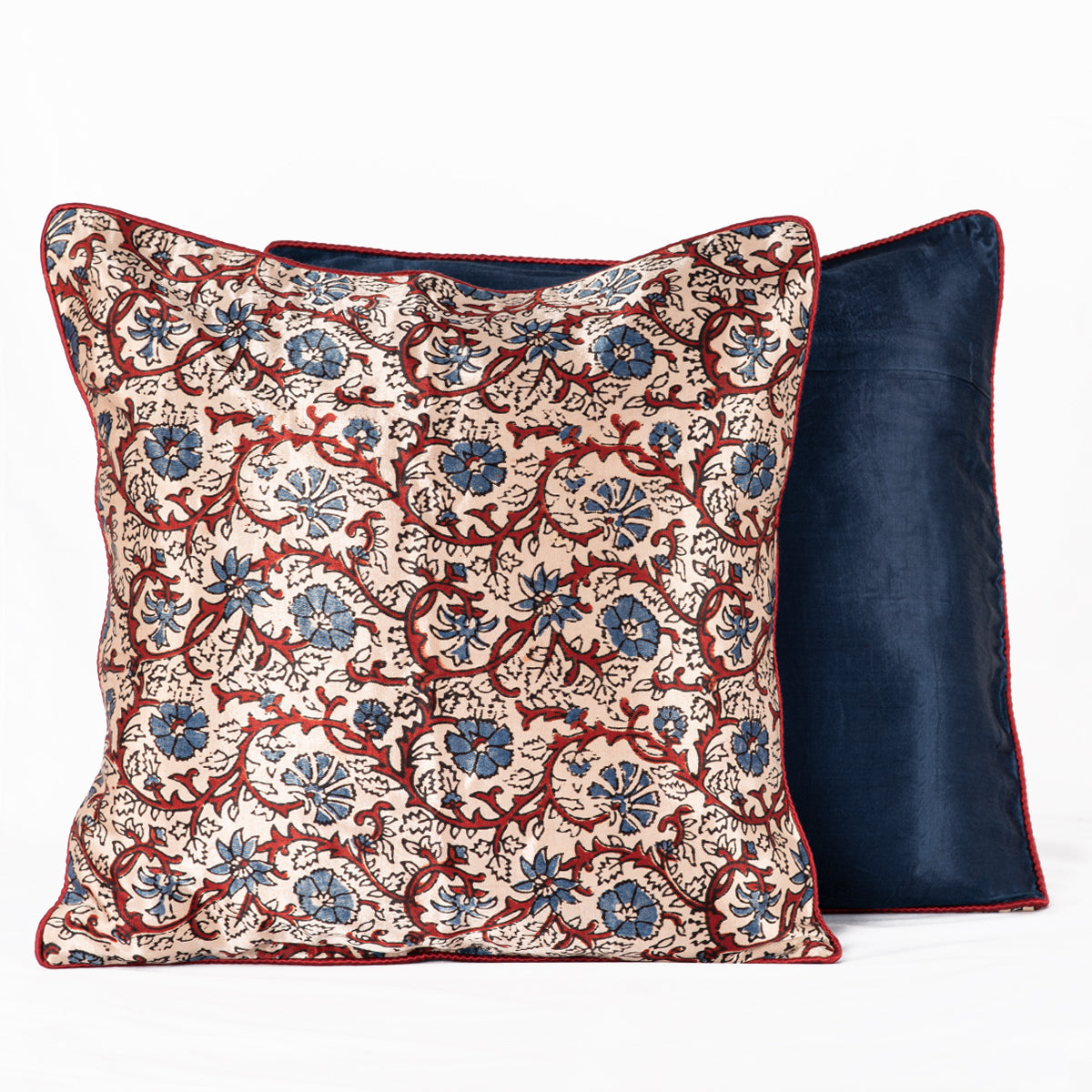 Floral Vine Hand Block Print Mashru Silk Cushion Cover - Off-white Blue Red-2