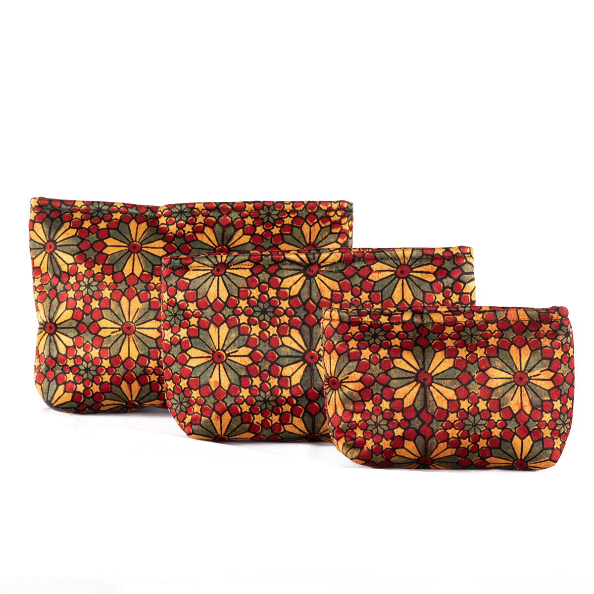 Hand-block Print Silk Travel Case Set of 3 - Red Yellow Green Geometric Floral-0