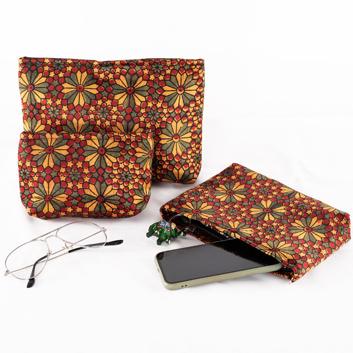 Hand-block Print Silk Travel Case Set of 3 - Red Yellow Green Geometric Floral-1