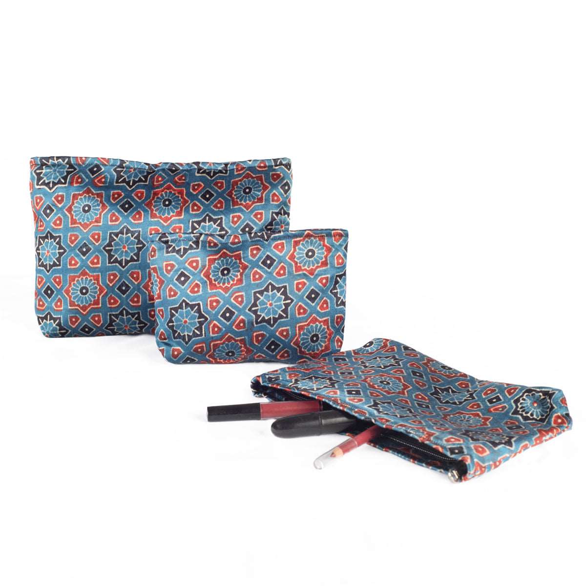 Ajrakh Hand-block Print Silk Travel Case - Set of 3 - Blue Red Black Geometric Flower-1