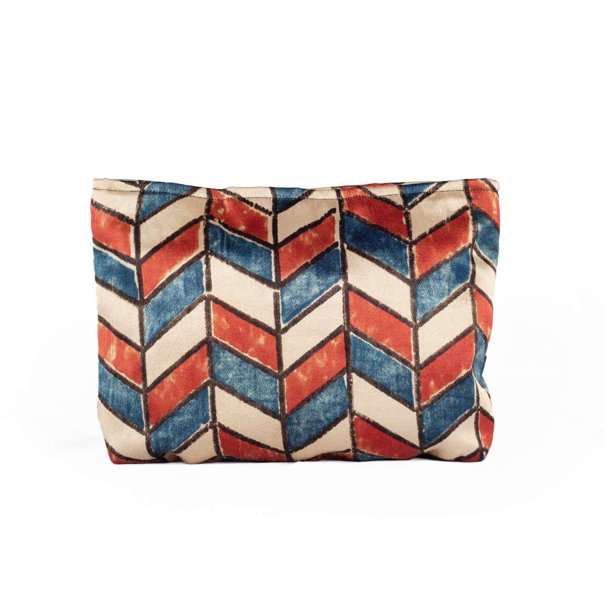 Ajrakh Hand-block Print Silk Travel Case - Set of 3 - Off-white Red Blue Chevron-2