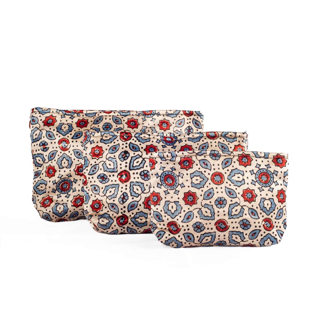 Ajrakh Hand-block Print Silk Travel Case - Set of 3 - Off-white Red Blue Floral-0