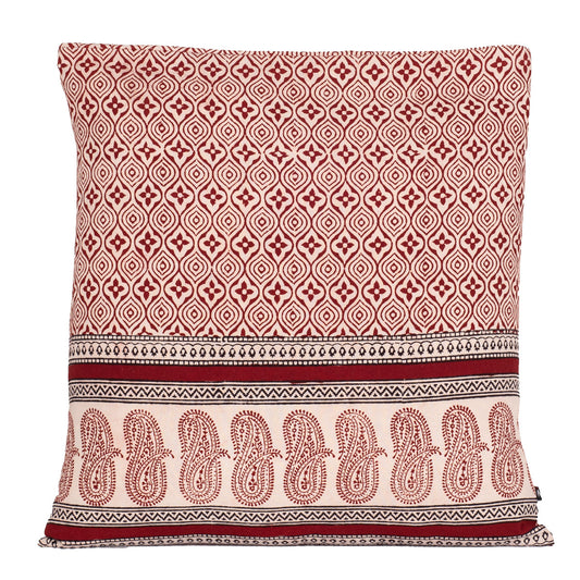 Geometric Pattern with Paisley Border Bagh Hand Block Print Cotton Cushion Cover - Red Black-0