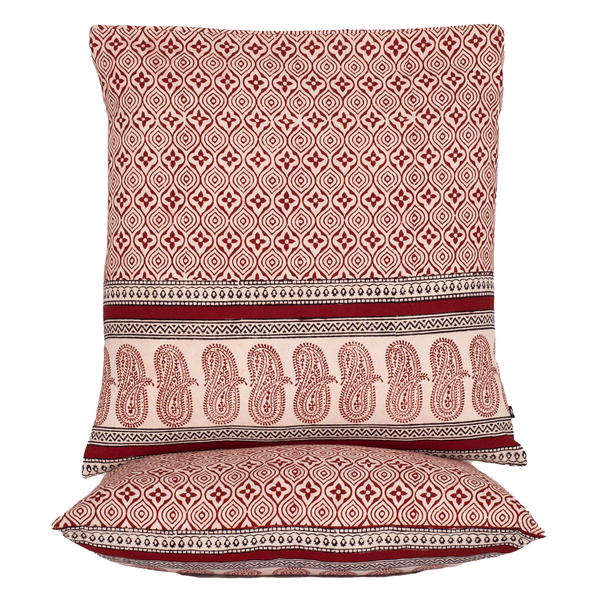 Geometric Pattern with Paisley Border Bagh Hand Block Print Cotton Cushion Cover - Red Black-1