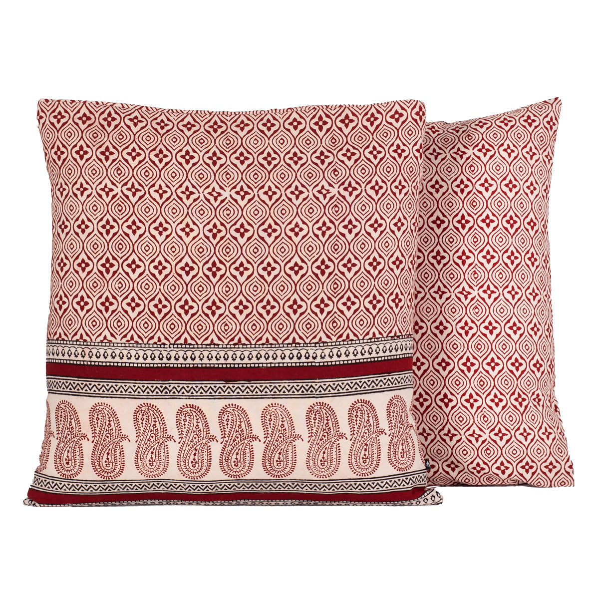 Geometric Pattern with Paisley Border Bagh Hand Block Print Cotton Cushion Cover - Red Black-2