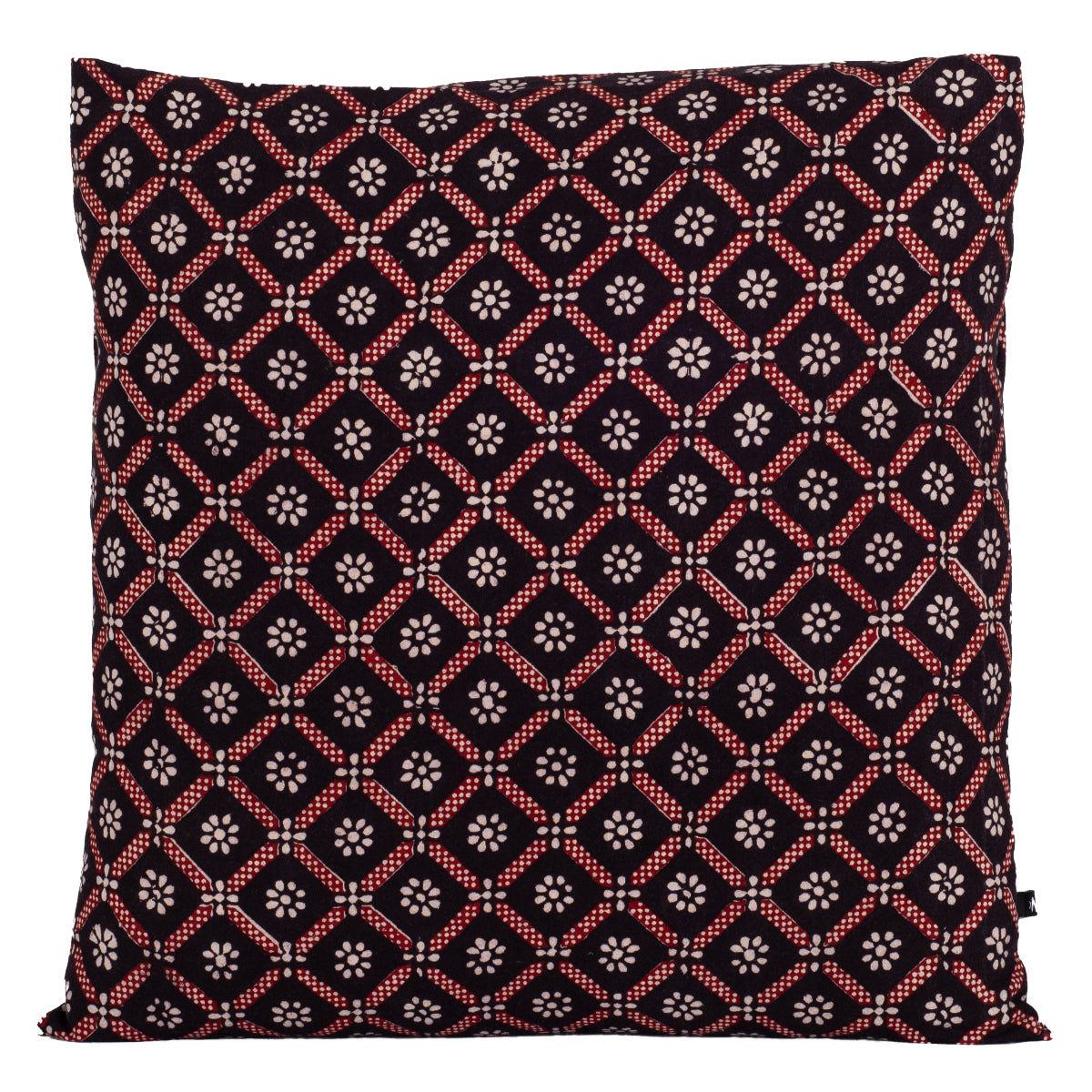 Diamond Flower Bagh Hand Block Print Cotton Cushion Cover - Red Black-0