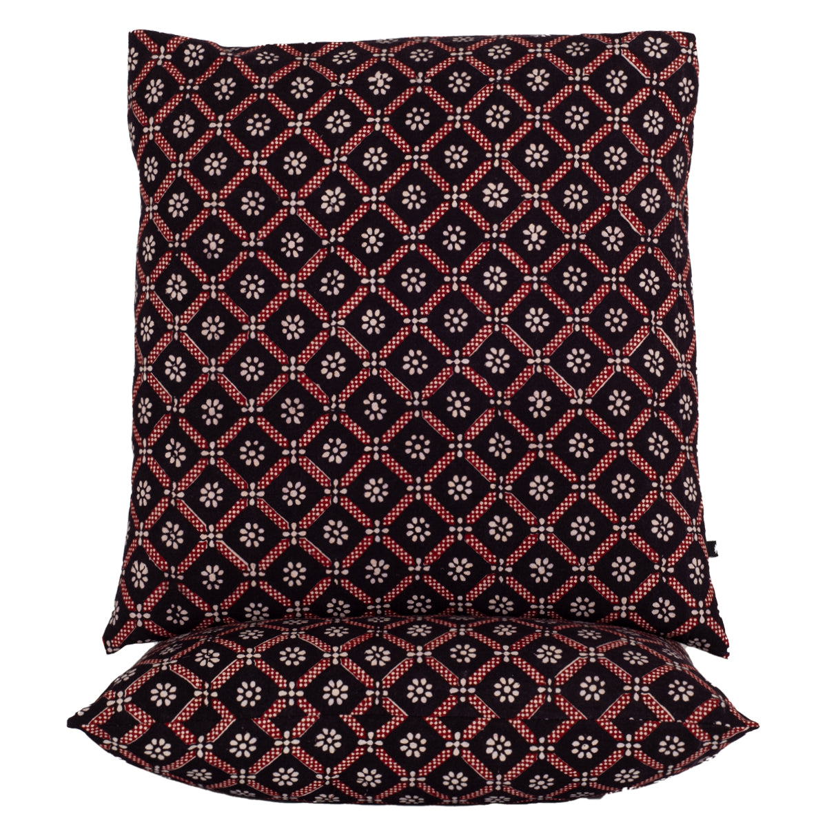Diamond Flower Bagh Hand Block Print Cotton Cushion Cover - Red Black-1