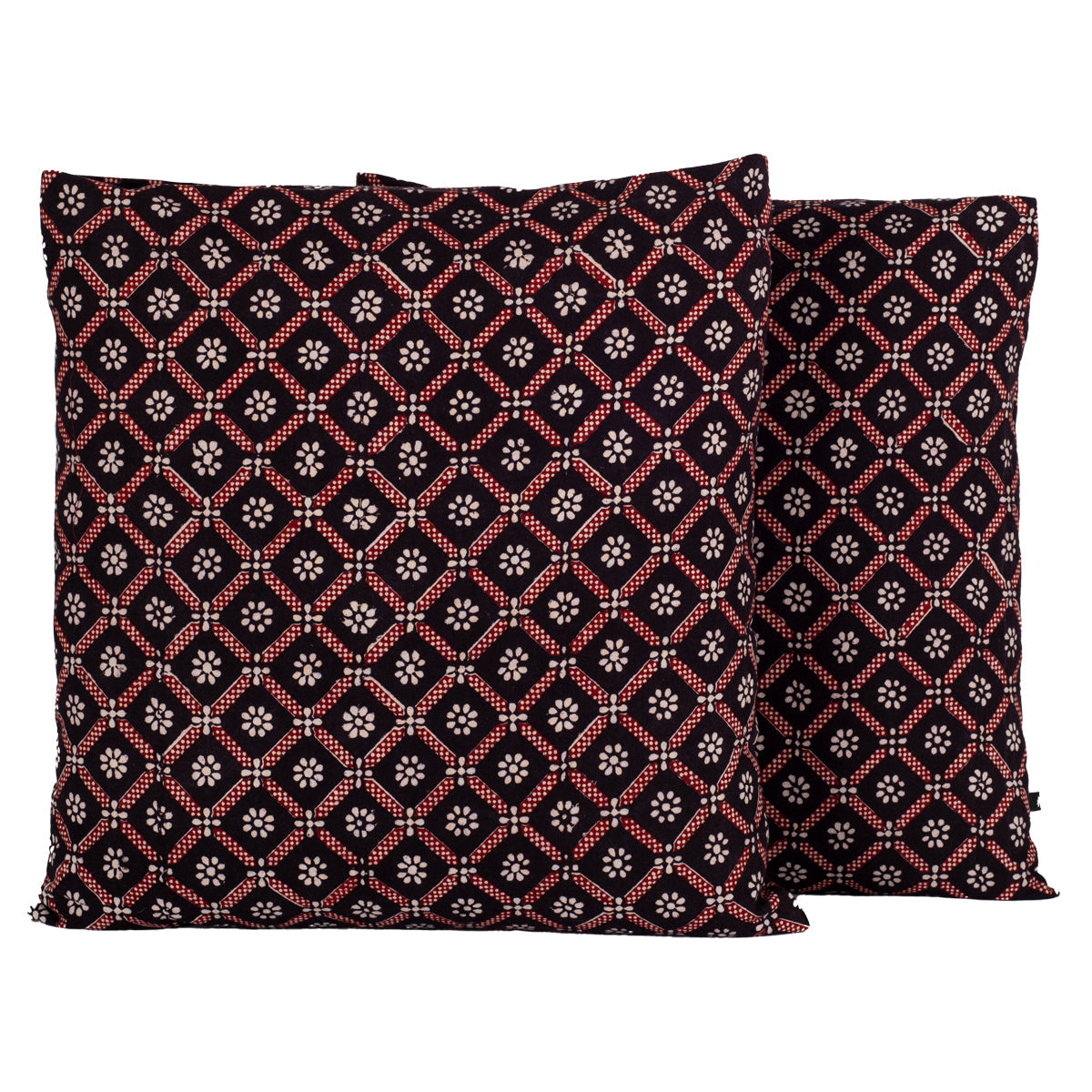 Diamond Flower Bagh Hand Block Print Cotton Cushion Cover - Red Black-2
