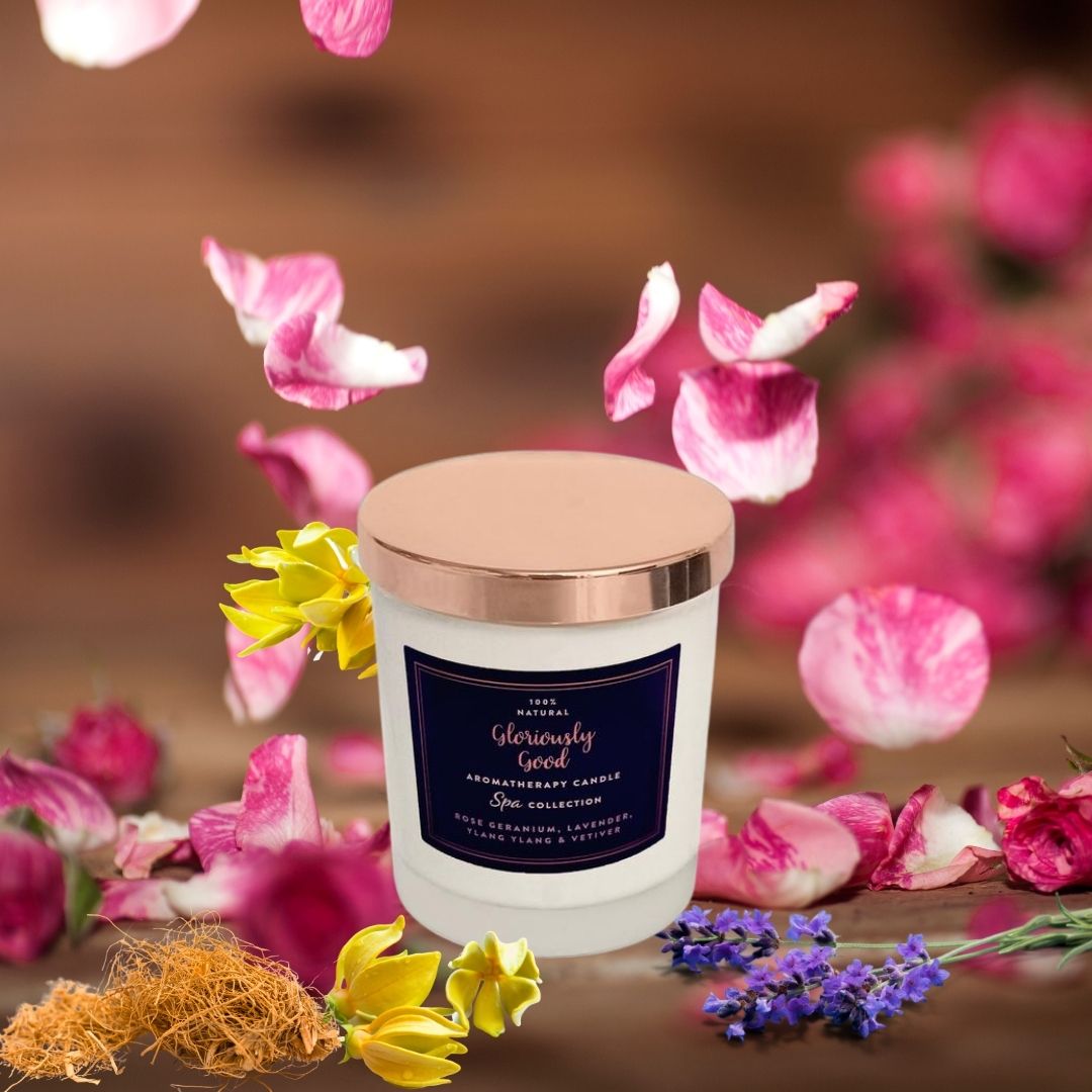 Rose Geranium, Lavender, Ylang Ylang & Vetiver Aromatherapy Naturally Scented Candle-2