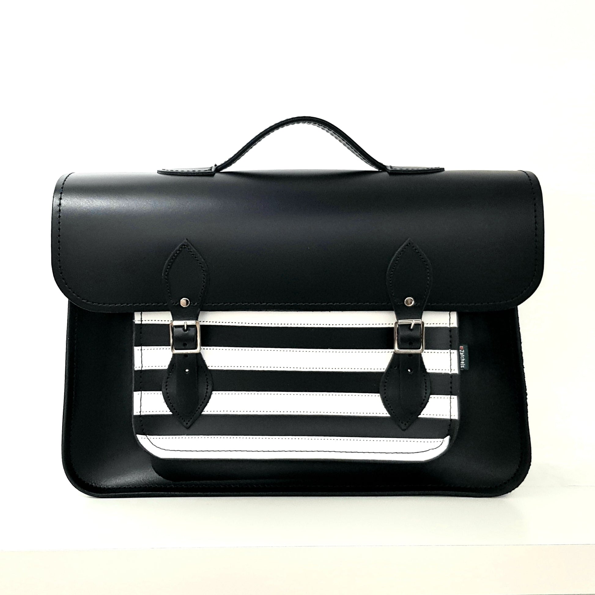 Handmade Leather Satchel - Gothic Striped White & Black-0