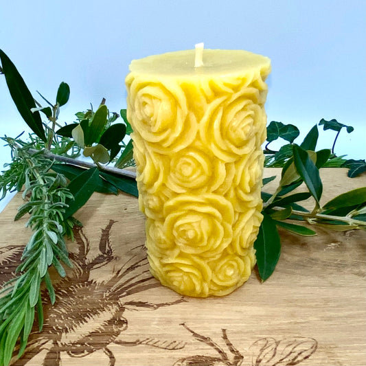 Floral Rose Pillar Candle- Pure British Beeswax-0