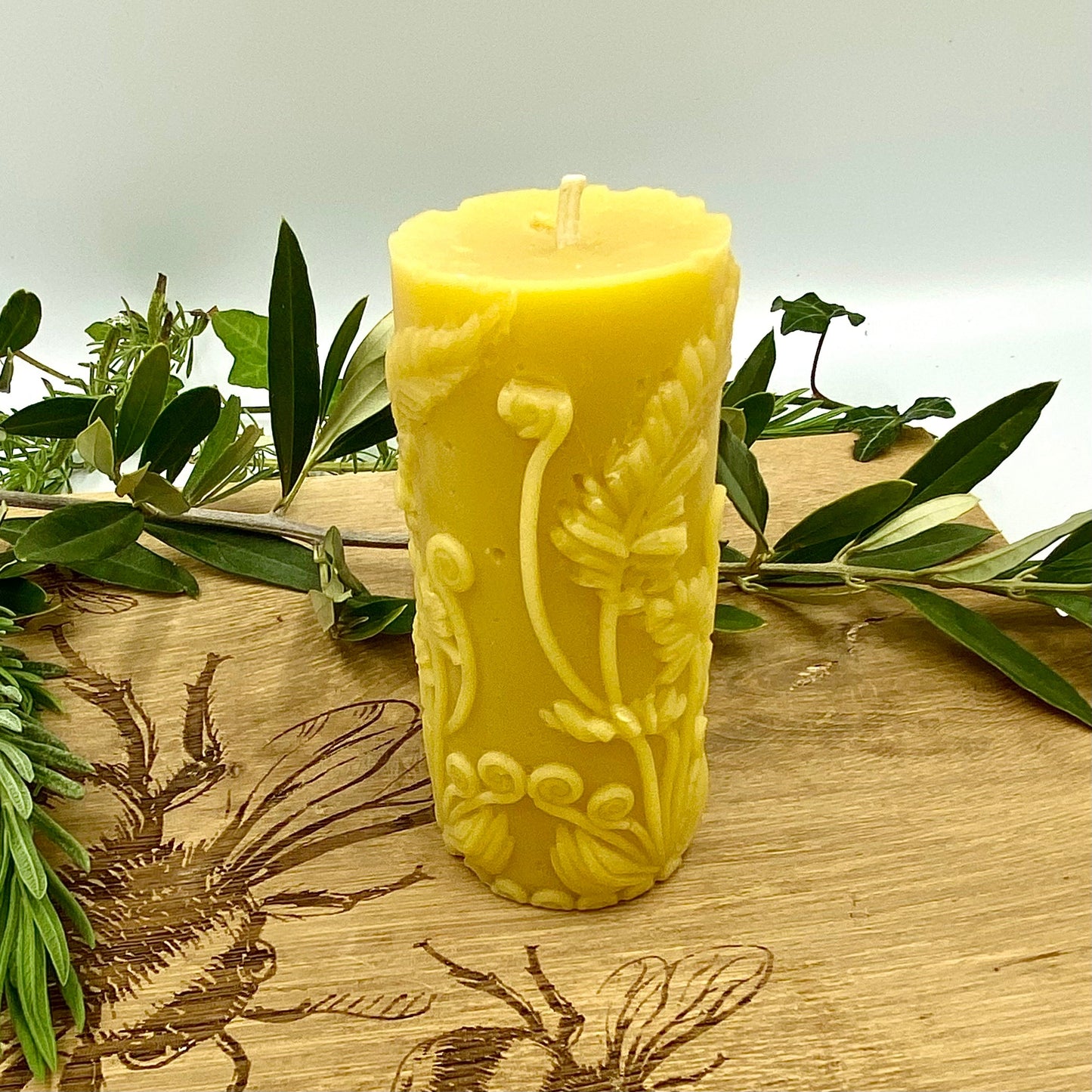 Fern Motif Pillar Candle- Pure British Beeswax-0