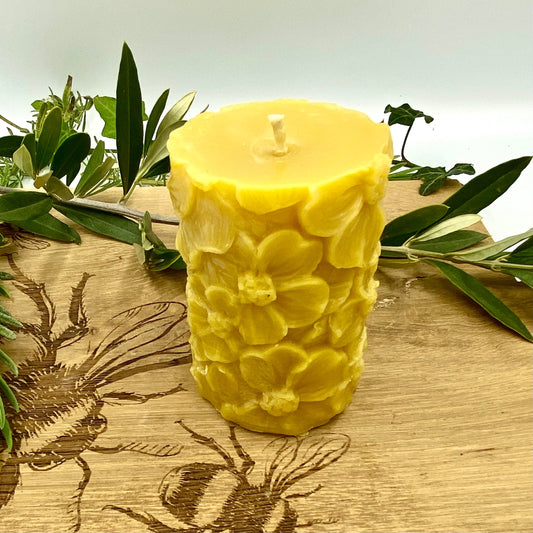 Apple Blossom Floral Pillar Candle- Pure British Beeswax-0