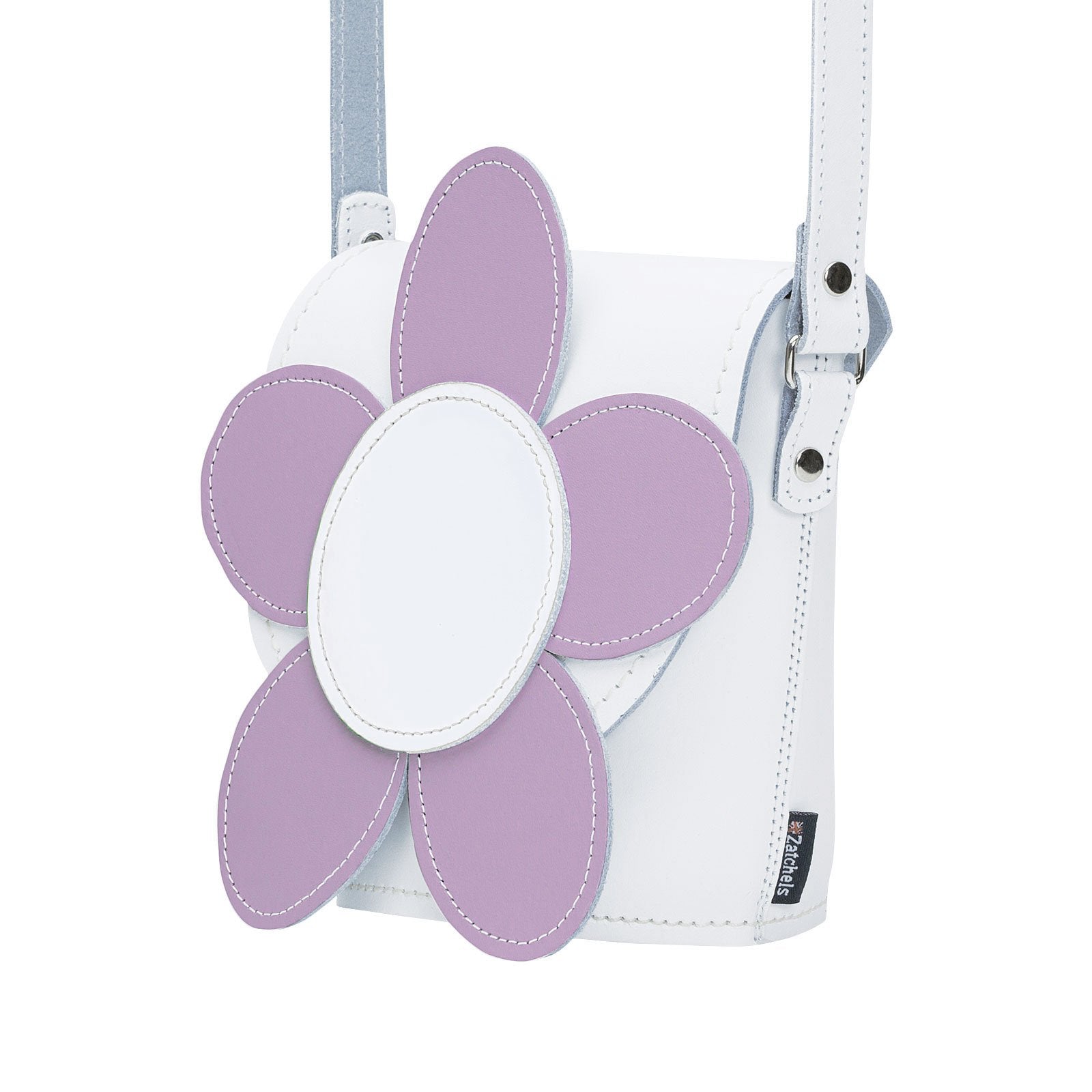 Handmade Leather Daisy Barrel Bag - White & Violet-1