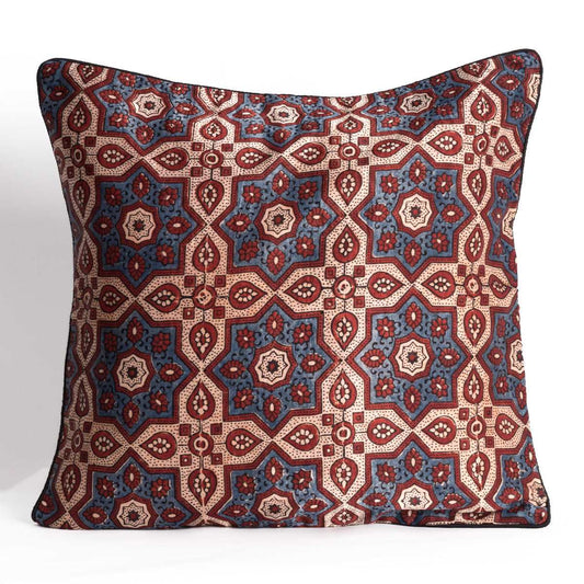 Ajrakh Hand-block Print Star Flower Cushion Cover - Blue Off-White-0