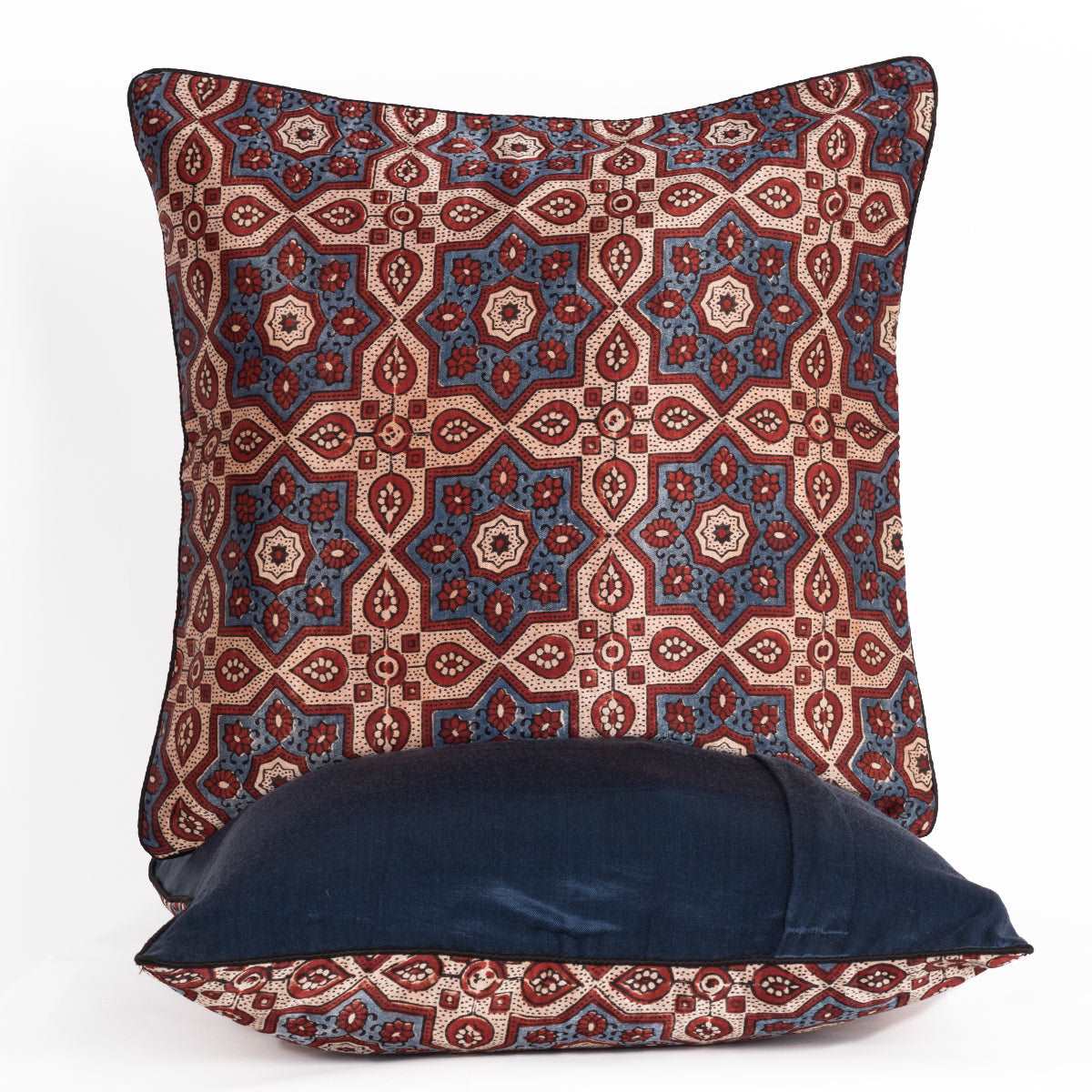Ajrakh Hand-block Print Star Flower Cushion Cover - Blue Off-White-1