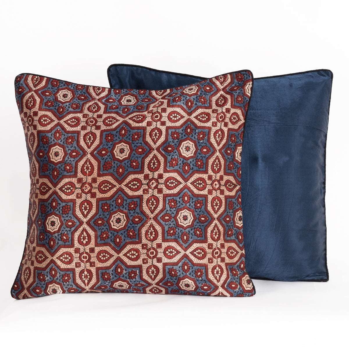 Ajrakh Hand-block Print Star Flower Cushion Cover - Blue Off-White-2