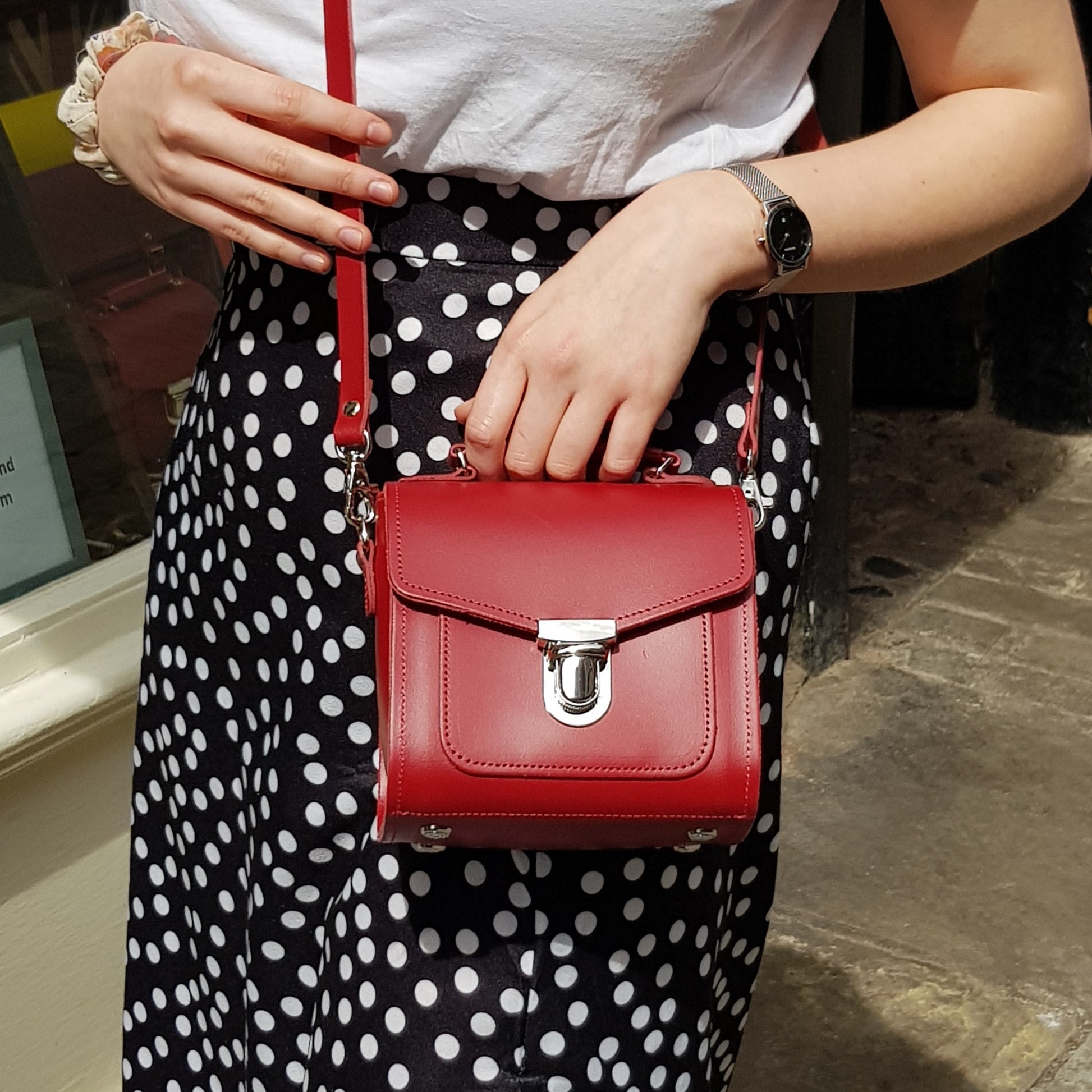 Handmade Leather Sugarcube Handbag - Red-5