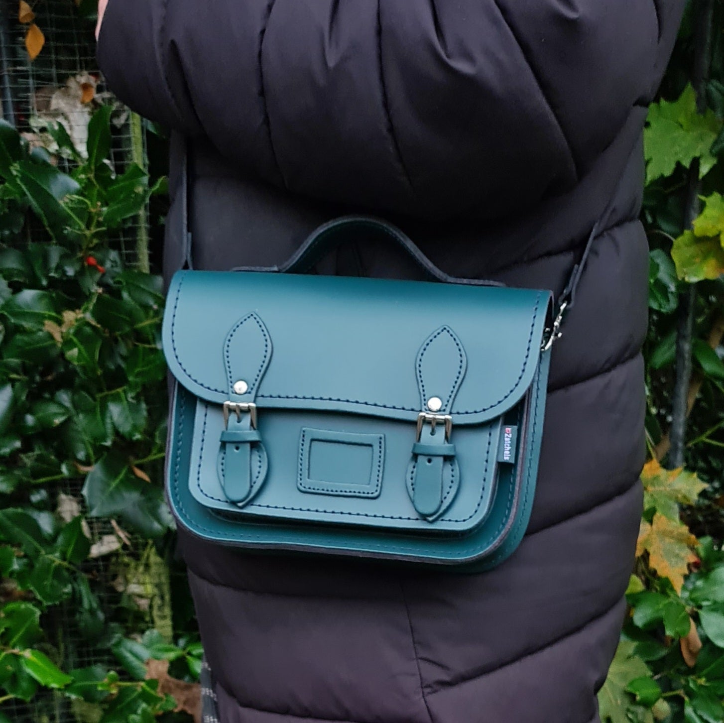 Leather Midi Satchel - Teal-4