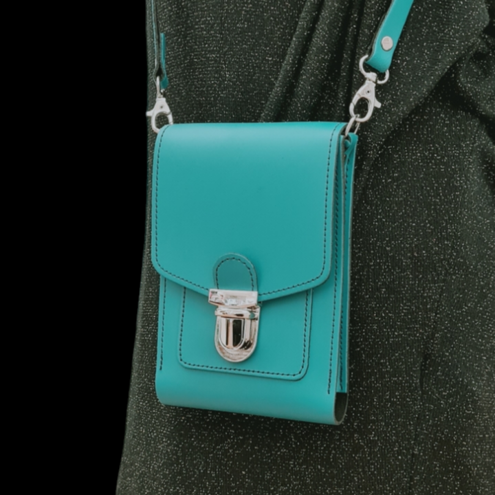 Handmade Leather Push Lock Phone Pouch - Teal-2