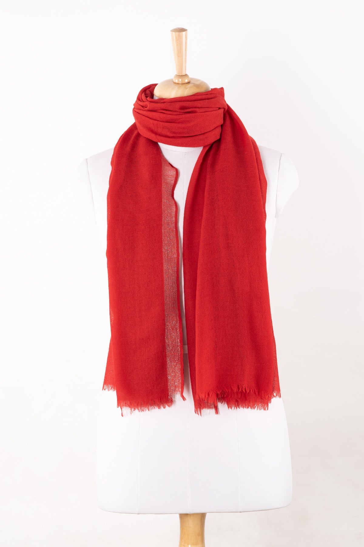 Twill Weave with Silver Lurex Border Merino Wool Scarf - Red-0