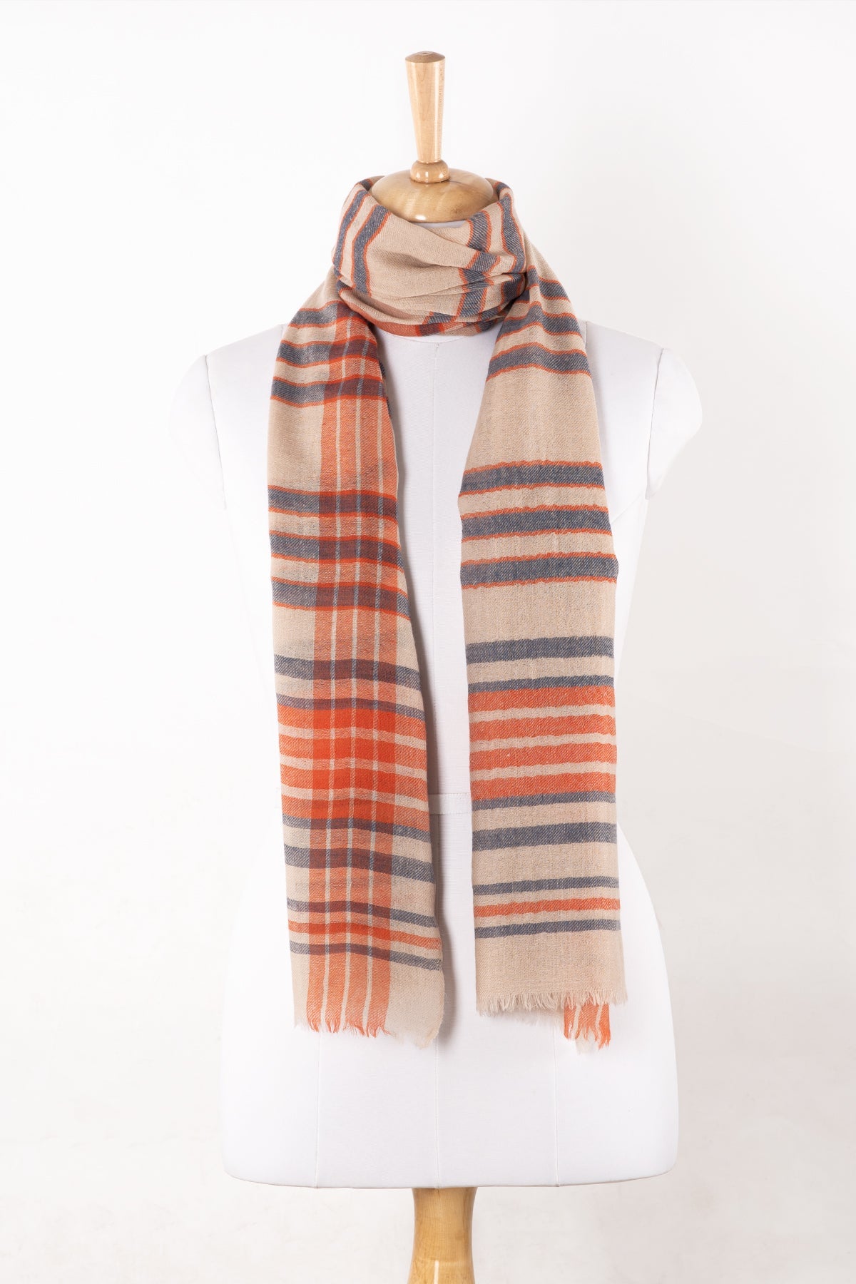 Yarn Dyed Stripes Merino Wool Scarf - Blue Orange-1