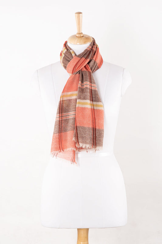 Yarn Dyed Checks and Stripes Merino Wool Scarf - Pink Brown-0